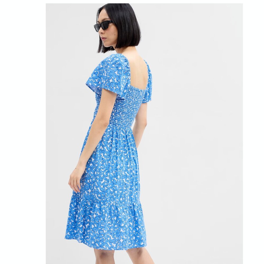 Gap Factory Smocked Squareneck Blue Floral Cotton Midi Dress